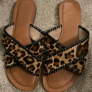 Jack Rodgers leopard print real fur leather slide flat sandals sz 8